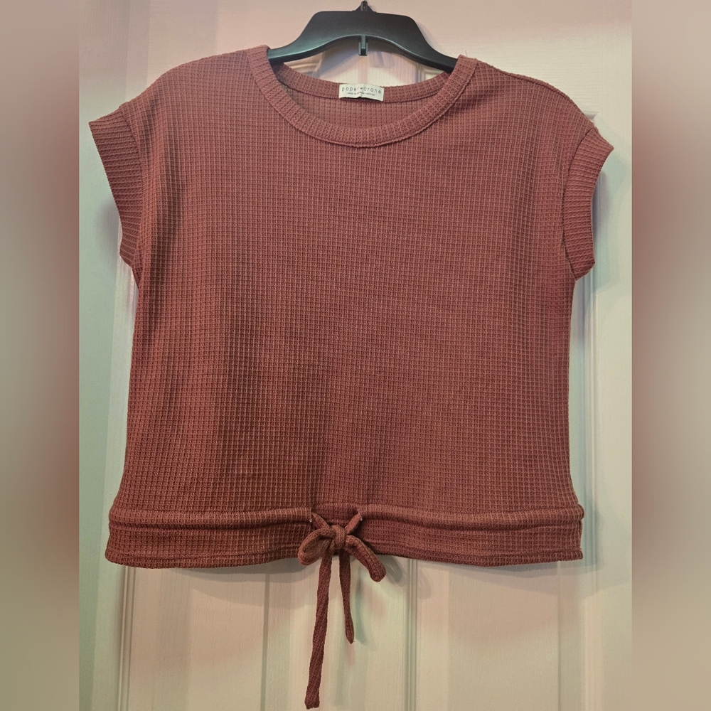 Paper Crane Mauve Ribbed Knit Top with Tie Hem
